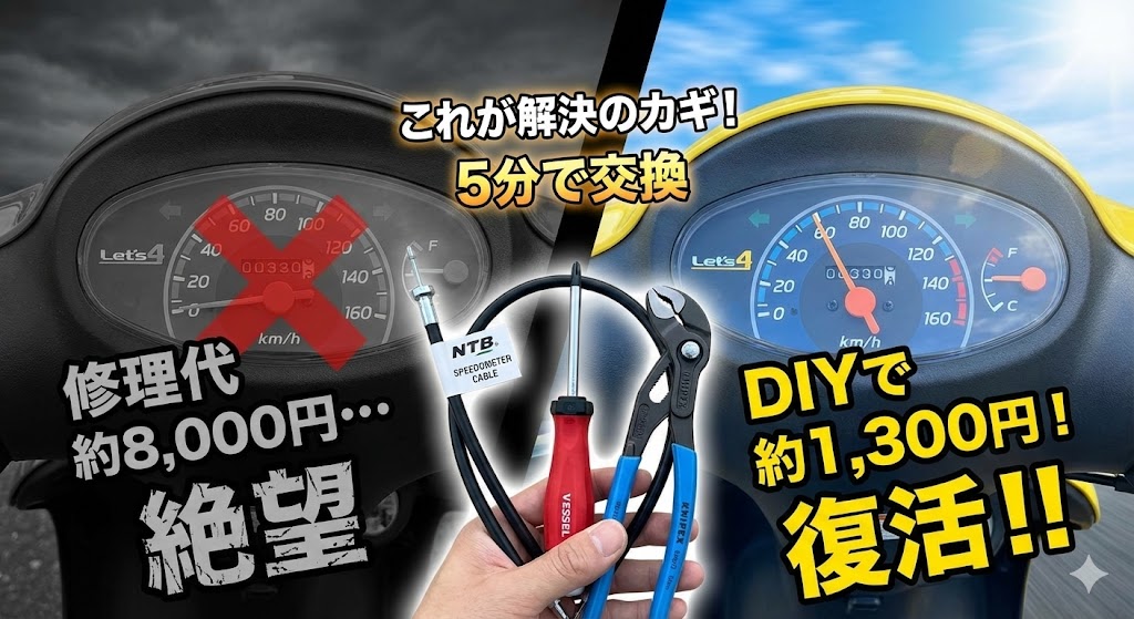 レッツ4 スピードメーター不動の修理費用比較。DIYなら8,000円が1,300円で解決できる交換手順とNTB製ケーブル、必須工具を紹介するアイキャッチ画像。